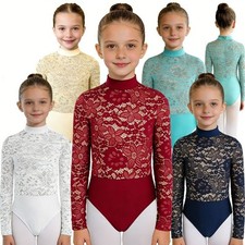 Girls Ballet Leotard Mock Neck Long Sleeve Lace Bodice Invisible Zipper Bodysuit