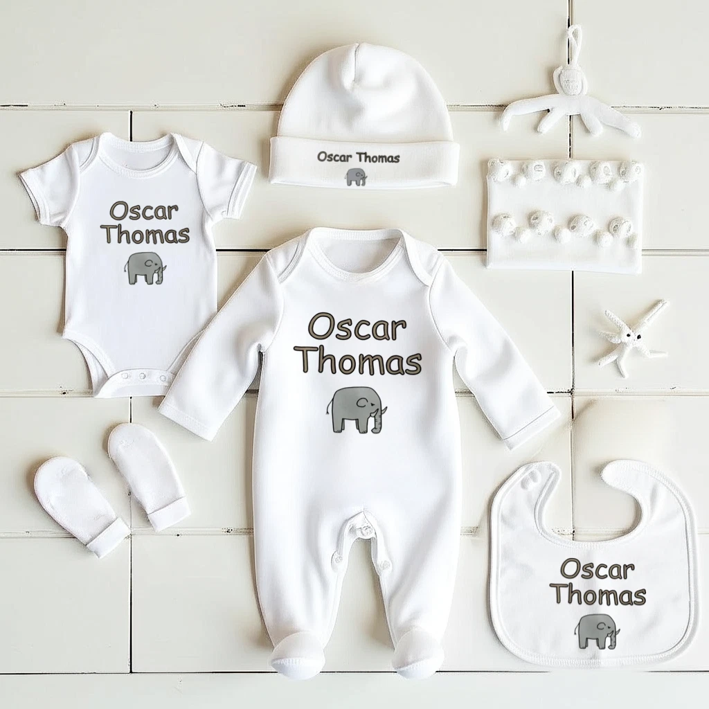 PERSONALISED Unisex elephant baby clothing babygrow, vest bib and hat baby gift