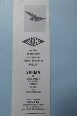 9/1968 PUB SARMA SAINT VALLIER SUR RHONE AVIATION JAGUAR ORIGINAL FRENCH AD