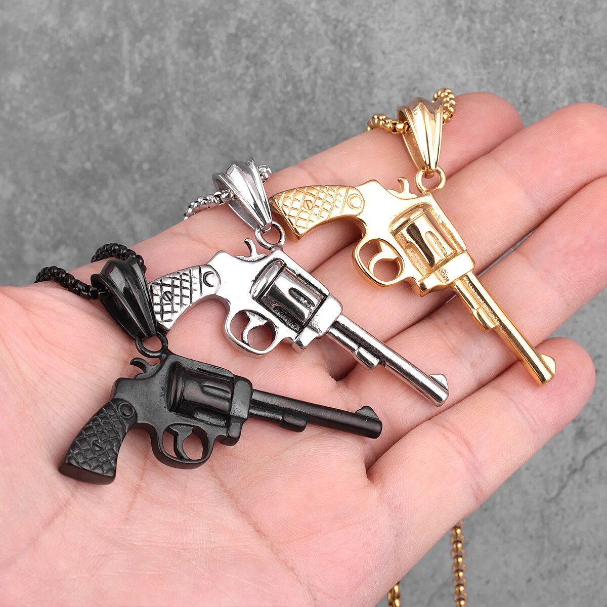 Black Revolver Gun Pendant Chain for Men Punk Style Silver Gold Necklace