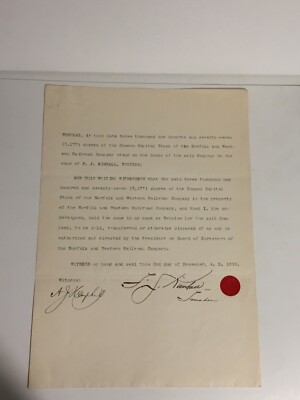 Antique Letter Ownership Transfer of Common Stock of Norfolk and Western RR