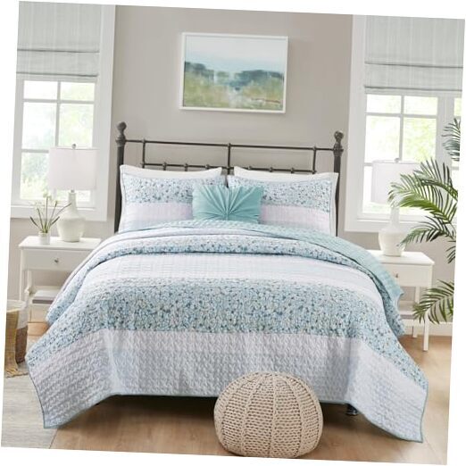 King Quilt Set, Seersucker Floral Coverlet, All Season King/Cal King Aqua
