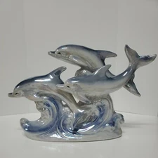 Dolphin Figurines Jumping  Ocean Water Frolicking Luster Blue Waves Nature