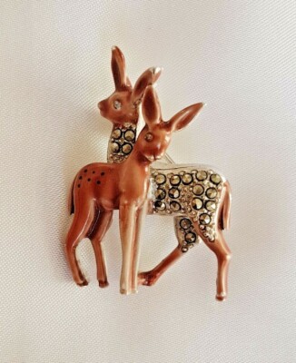 Brosche ~ zwei Hirsche ~ Bambi ~ Emaille & Markasiten ~ silberfarben