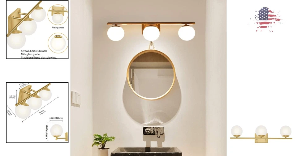 Vanity Light Fixtures - Brushed Brass - 3 Lights - White Globe Glass Shade - Image 2 of 4