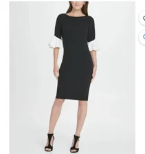 DKNY Womens Black Bell Sleeve Jewel Neck Below The Knee Formal Body-Con Dress 2