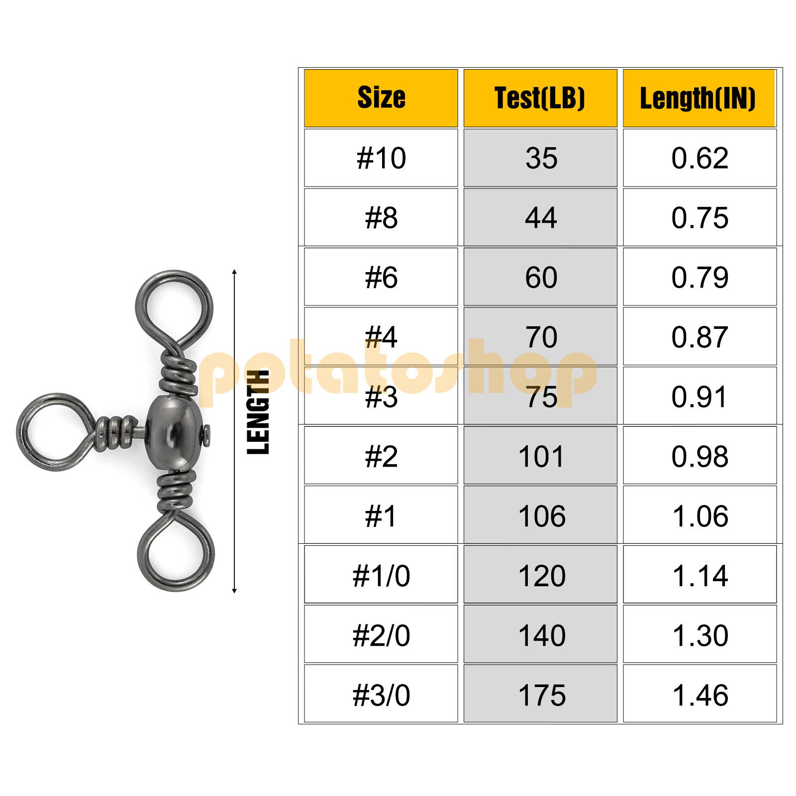 30-120pcs 3 Way Swivels Fishing Cross-Line T-Turn Swivel 35-175Lbs