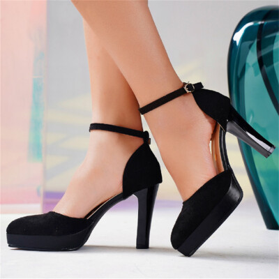 Women's Platform High Block Heel Pumps Buckle Ankle Starp Office