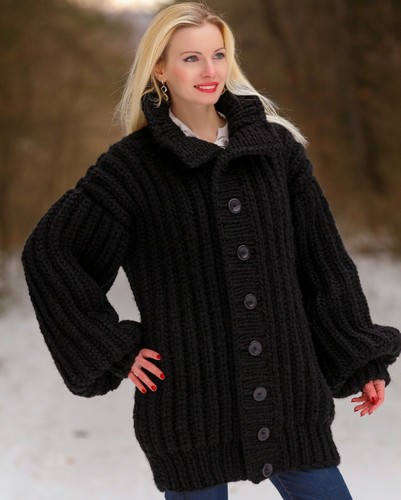 Black wool cardigan thick sweater jacket ribbed hand knitted coat SuperTanya - Picture 4 of 8