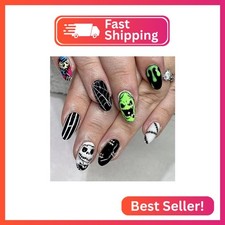 Halloween Press on Nails Short Almond Shaped Fake Nails with Bat Skull Spider We
