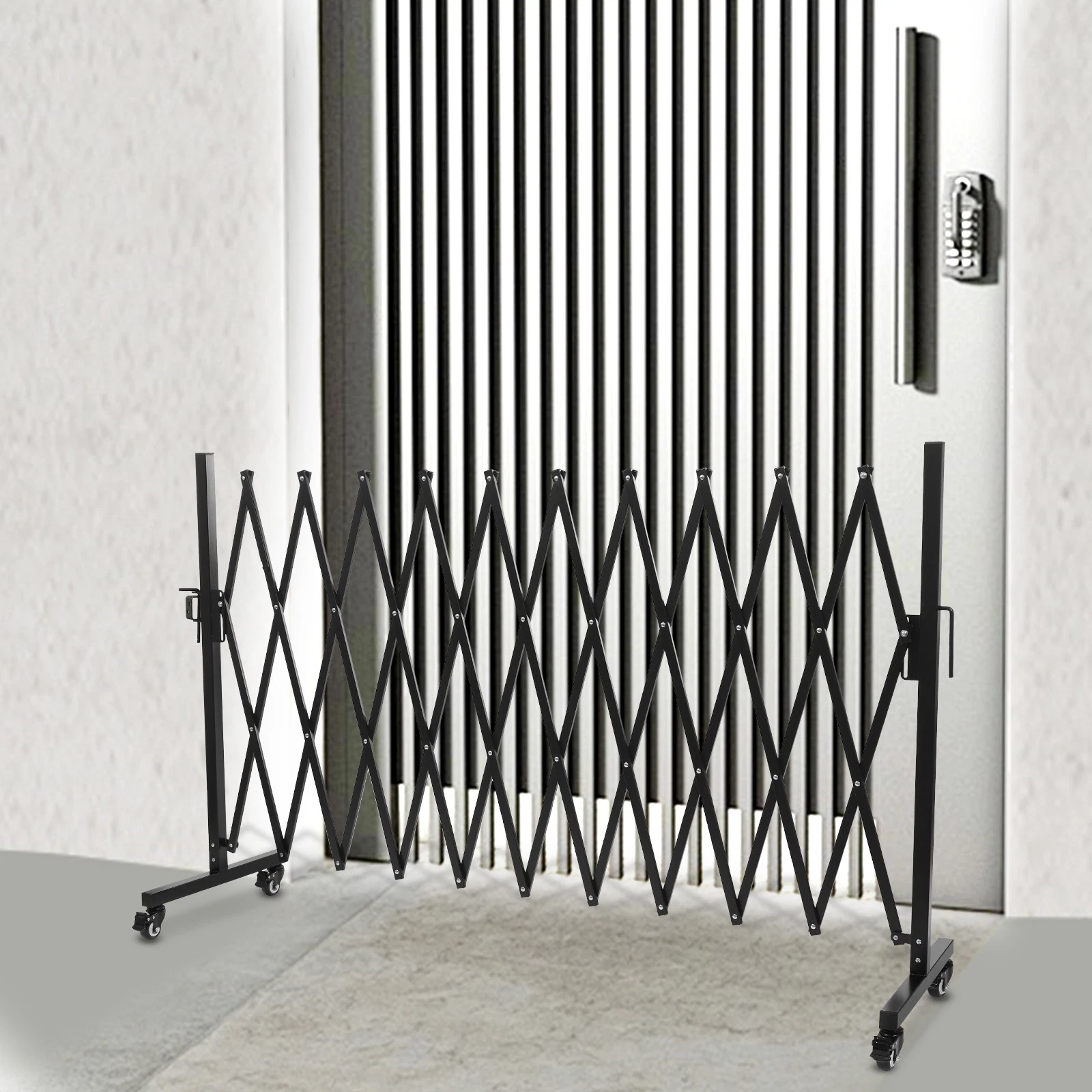 Black Metal Portable Safety Barrier Modern Expandable Barrier Gate With Wheels