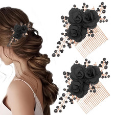 2 PCS Black Flower Hair Combs Bridal Wedding Rhinestone Pearl Side Headpiece