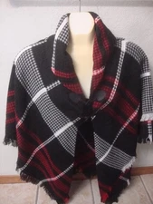 Accessory Street Women's black/red/white fringed Poncho Shawl Cape