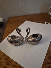 2 HEAVY Vintage Silver Plated Swan Taper Cand...