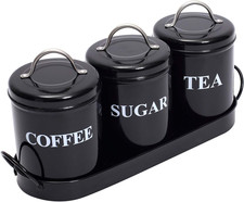 Image of Tea Coffee Sugar Canisters, 3 Piece of Metal Food Storage Tin, Kitchen Canister