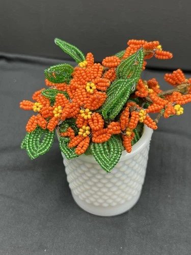 Vintage French Glass Bead Flowers Orange, Green Leaves, White Milk Glass Vase 4”