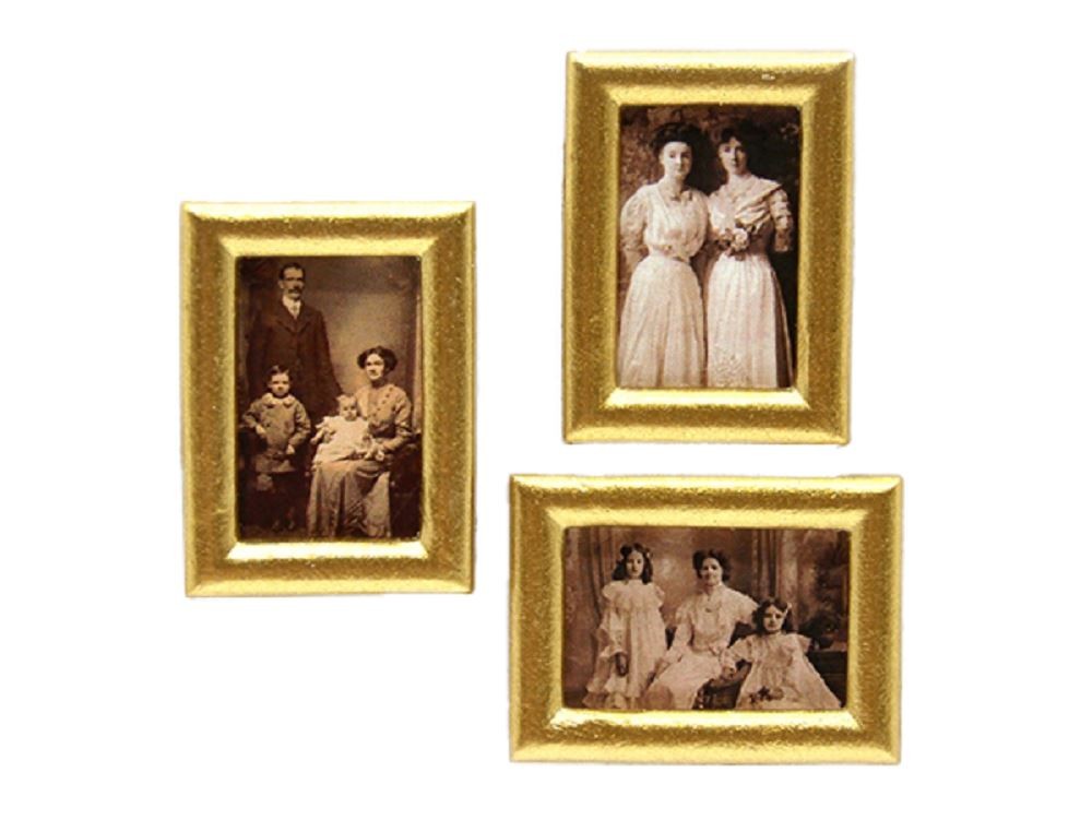 Dolls House 3 Edwardian Family Portrait Paintings in Gold Frames 1:12 Pictures