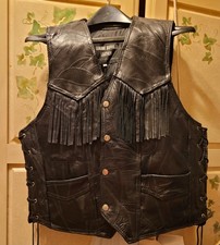 Navarre Leather Co Genuine Buffalo Leather Biker Vest Fringe Side Lace Black L