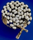 Vintage Catholic White Milk Rectangular Glass Rosary, Silver Tone Crucifix