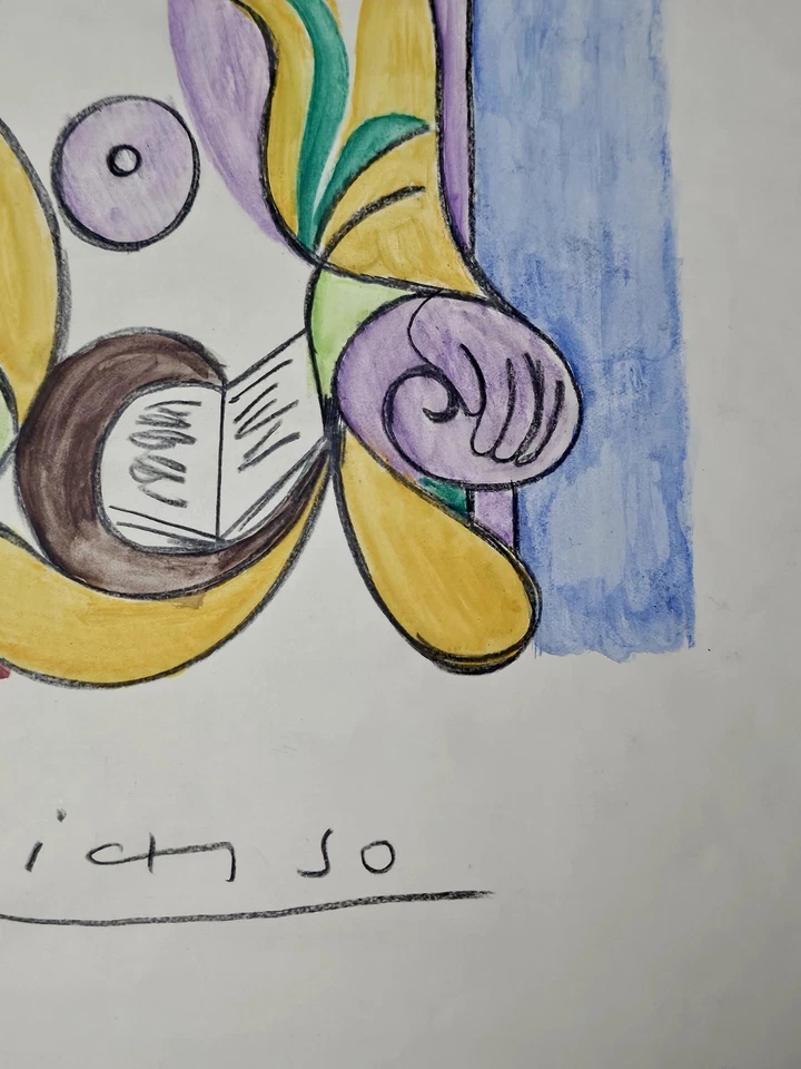 Retrato dibujado a mano en papel musical antiguo - estilo Picasso - posiblemente original Foto 3 de 4