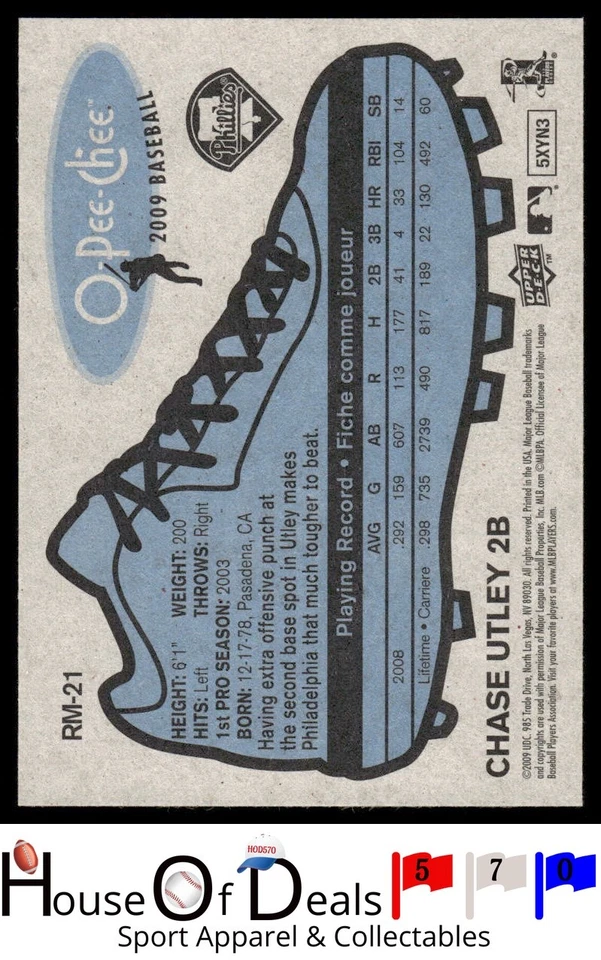 Tarjeta de los Filis 2009 O-Pee-Chee #RM-21 Chase Utley Pee-Chee - Retro SP impresión corta Foto 2 de 2
