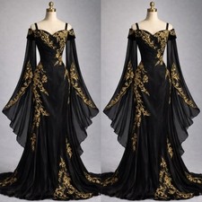 Black Wedding Dresses Off Shoulder Long Sleeves Gold Appliques Bridal Gown
