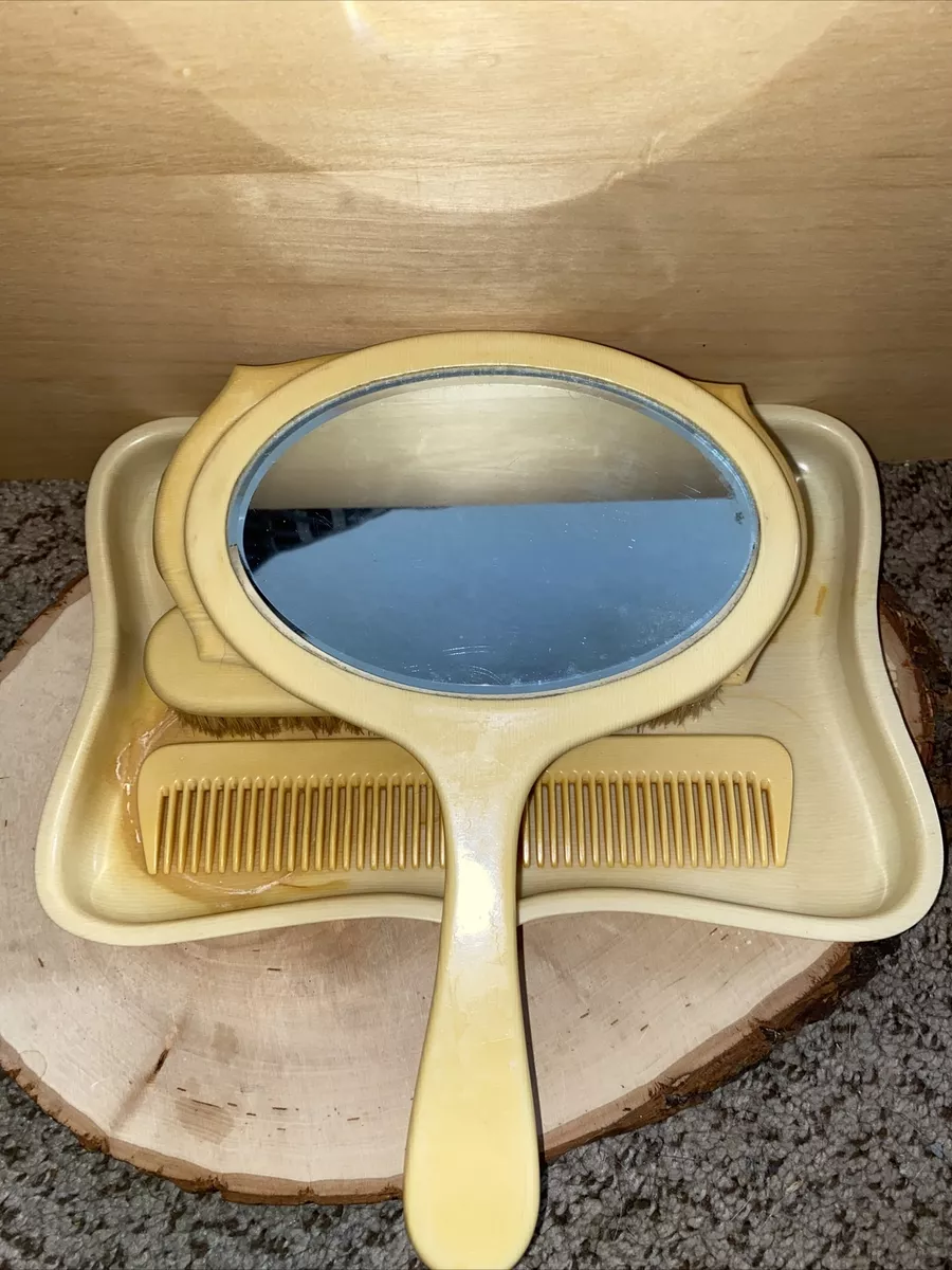 Vintage Cream Bakelite Dresser Set 6 Pieces Mirror Brushes Comb Trays