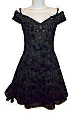 Vtg 80s ZUM ZUM cocktail fairy dress black jacquard petticoat rhinestone S 5/6