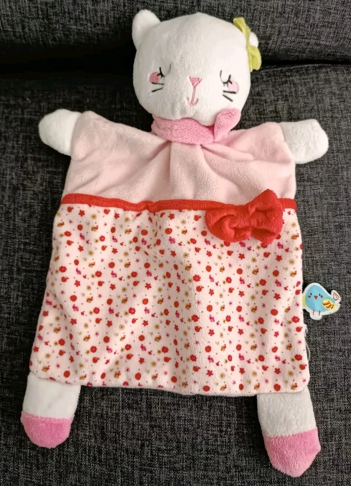 1655🌟Doudou Plat Mouchoir Chat Rose Noeud Vert Fleurs Rouges Mots D'enfants - Photo 1/4
