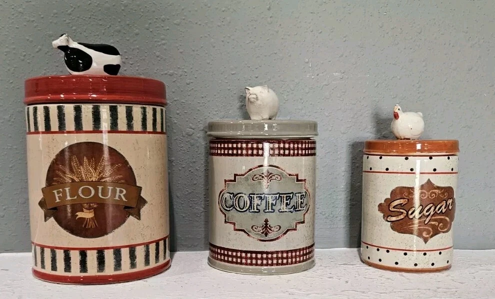 Ceramic Farmhouse Animal Canister Seal Lids LTD Commodities 5.5 6.5 7.5 Set Of 3