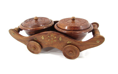 Vintage Handmade Wooden Wheeled Tray with Two Snack Bowls Brass Inlay India