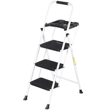 3 Step Ladder Folding Steel Ladder with Non-Slip Wide Pedal and Tool Tray White