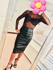 House Of CB Remi Black Stretch Vegan leather Studded Pencil Skirt UK S BNWT