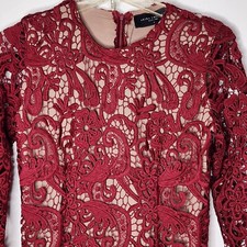 Akira Chicago Black Label Red Lace Bodycon Dress with Nude Lining Size Medium