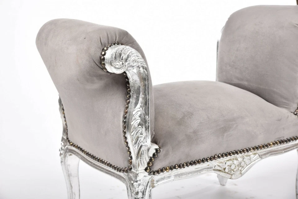 Panca Panchetta In Legno foglia argento rivestimento velluto grigio divanetto - Immagine 2 di 4