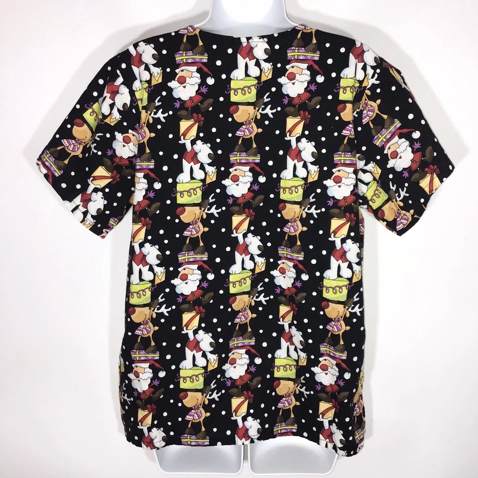 Tafford Womens Scrub Top Size S Black Christmas Santa Rudolph Snow Print Festive - Image 2 of 4