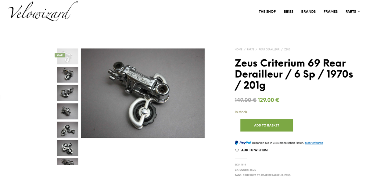 Dérailleur Arrière Zeus Criterium 69 - 6 Vitesses - Années 70 - Espagne - Occasion