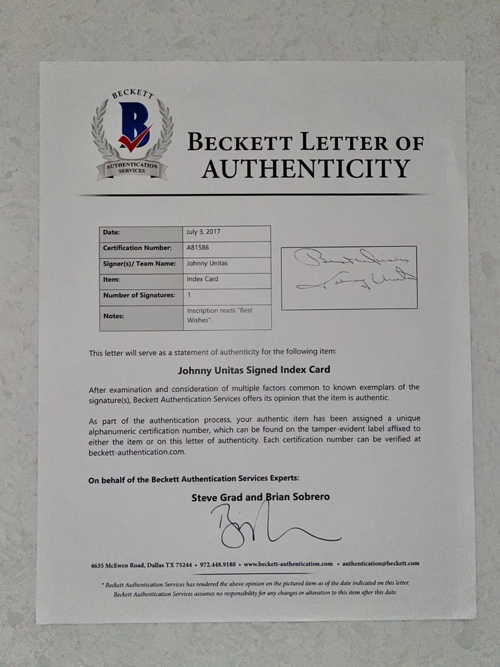 NFL Johnny Unitas Firmado Autografiado 4x6 Tarjeta Índice BAS LOA CERTIFICADO DE AUTENTICIDAD COLTS QB Beckett Foto 2 de 2