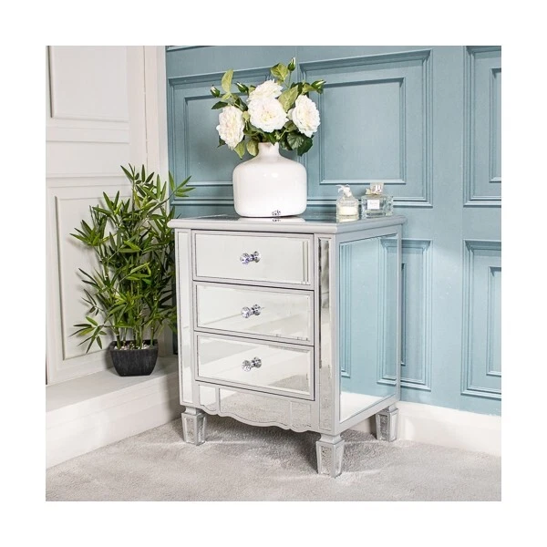 Silver Mirrored Bedside Table Chest Chelsea Glass Cabinet Bedroom