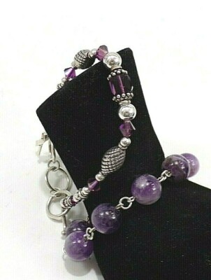 2 AMETHYST NATURAL BEADED & STERLING SILVER CRYSTAL LINKS BRACELETS 8''