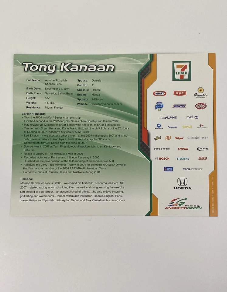 Tony Kanaan Autographed Signed 8x10 Hero Photo Card 7-11 Indy Car Racing - Image 3 of 3