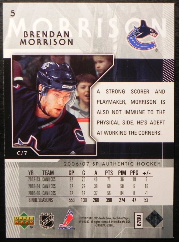 2006-07 06/07 SP Authentic #5 Brendan Morrison Vancouver Canucks - Image 2 of 2