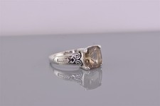 Sterling Silver Cushion Cut Smoky Quartz Solitaire Carved Band Ring 925 Sz: 9