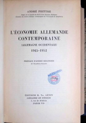 L'Économie Allemande Contemporaine (Allemagne Occidentale) 1945-1952 Piettre, An