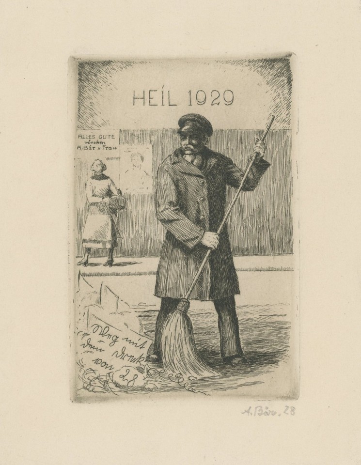 Dreck Artur Bär Neujahrsgrafik weg mit dem Dreck Radierung 1928 signiert ...