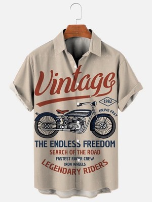 Mens Retro Motorcycle Print Hawaiian Short Sleeve Shirt