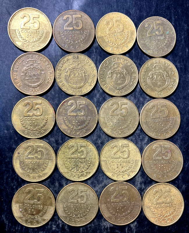 Old COSTA RICA Coin Lot - 25 COLONES - 20 EXCELLENT COINS - Lot #J19