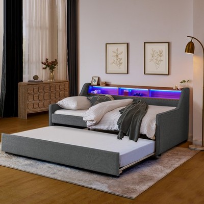 Twin Size Grey Linen Upholstery Sofa Bed with 3 LED Lights Wireless Charging
