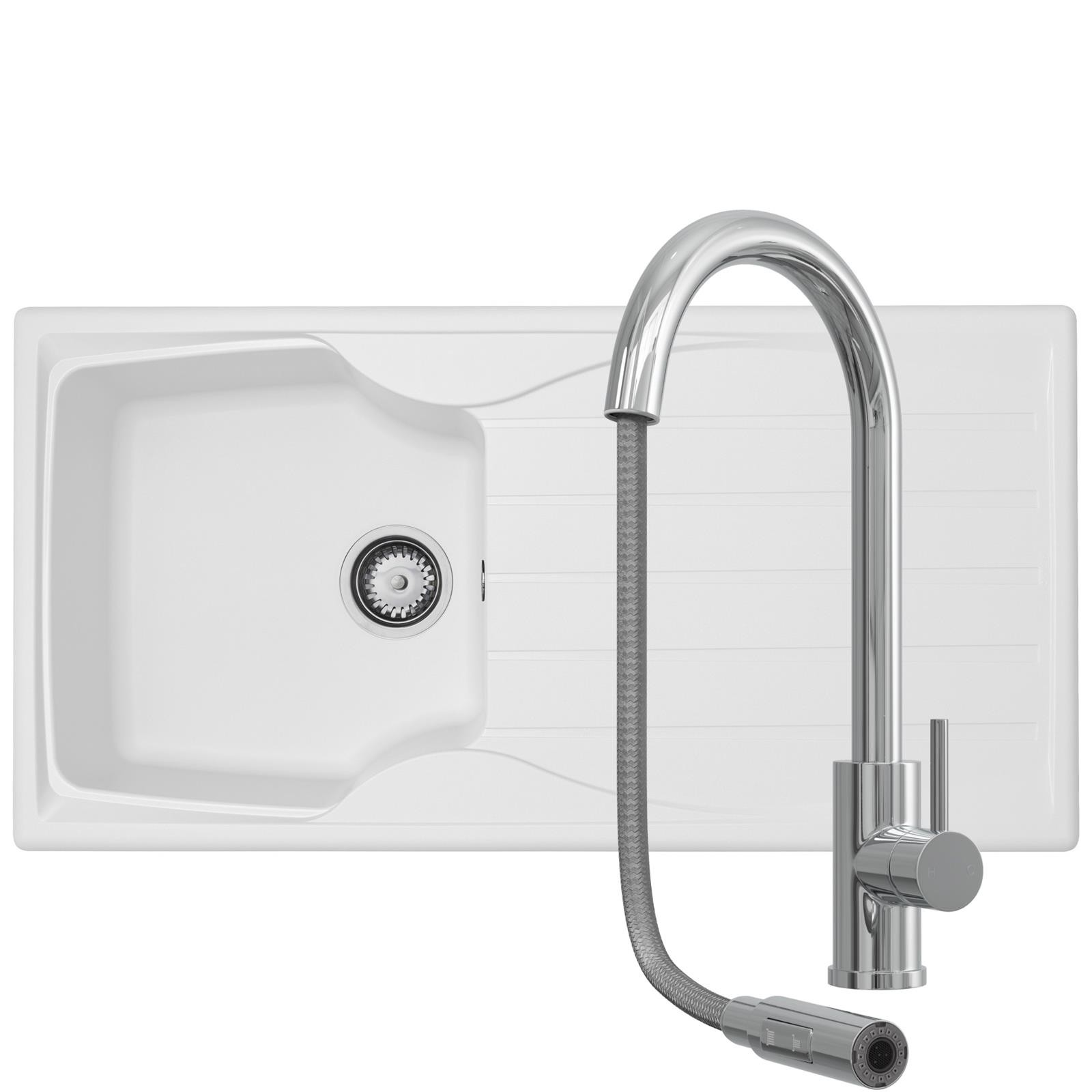 Liquida CMP10WH 1.0 Bowl White Kitchen Sink With CT452CH Chrome Pull Out Tap