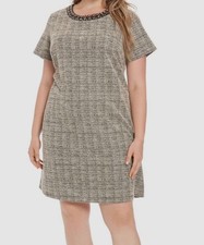 London Times Womens Beige Embellished Jacquard T-Shirt Dress Plus Size 20W